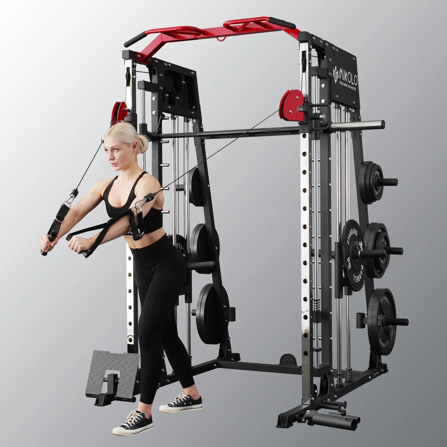 Smith Machine Home Gym, 2200 Lbs Power Rack Cage with 800 Lbs Weight Bench and Cable Crossover System, Weight Bar, 360° Landmine, Home Gym