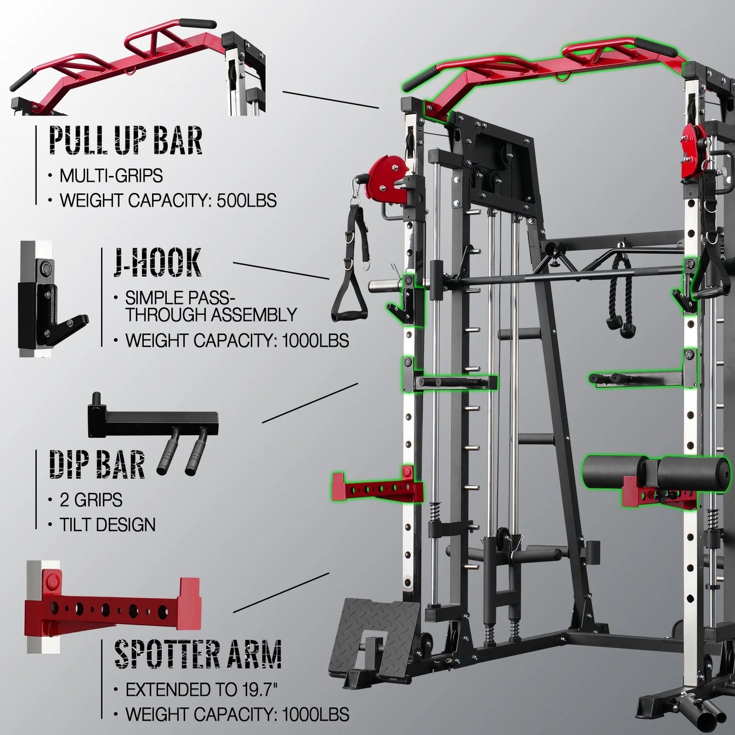 Smith Machine Home Gym, 2200 Lbs Power Rack Cage with 800 Lbs Weight Bench and Cable Crossover System, Weight Bar, 360° Landmine, Home Gym