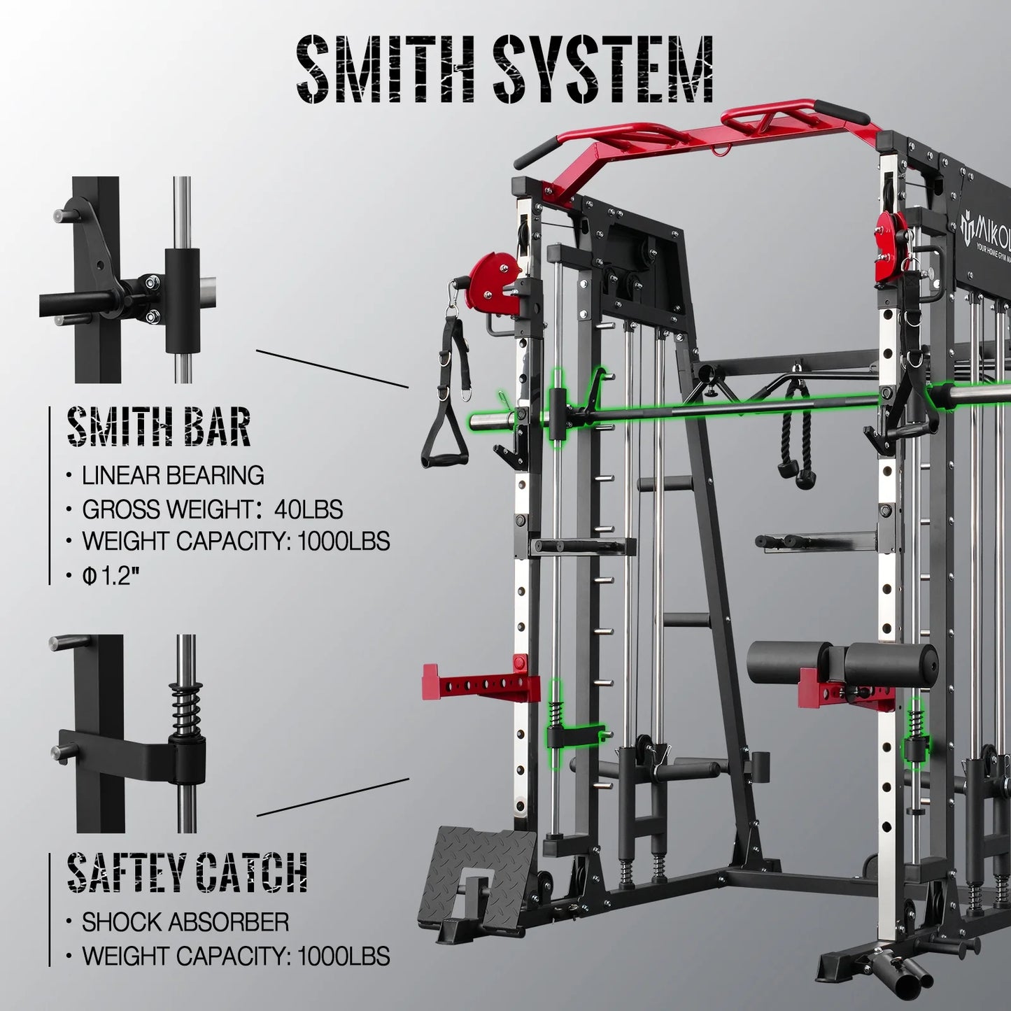 Smith Machine Home Gym, 2200 Lbs Power Rack Cage with 800 Lbs Weight Bench and Cable Crossover System, Weight Bar, 360° Landmine, Home Gym
