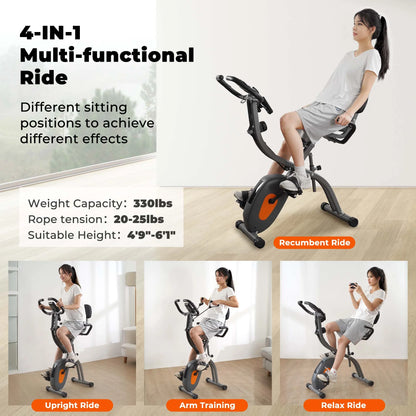 Folding Exercise Bike Stationary Recumbent 3-In-1 Exercise Bike Portable Magnetic with Adjustable Arm Resistance Bands and LCD Monitor and Pulse Grip for Home Use